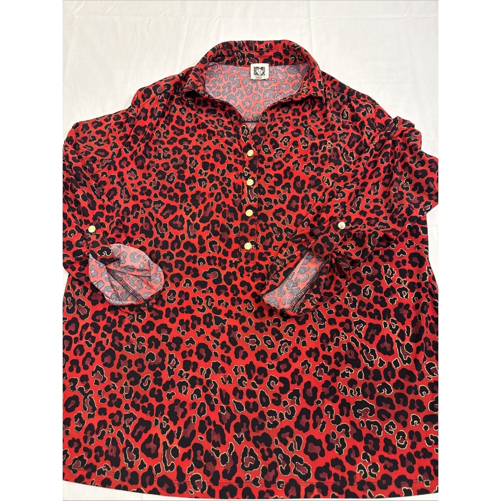 SHIRT BLOUSE Anne Klein WOMENS LARGE RED‎ BLK GOLD L/S  Gold METAL BUTTONS